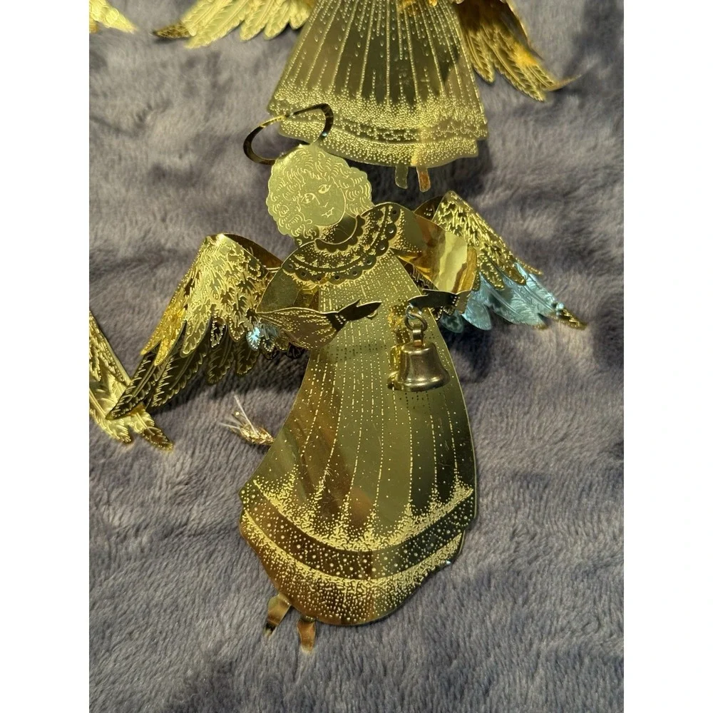 Vintage 60s  Gold Tone Movable Filigree‎ Angel Holding Bell  4